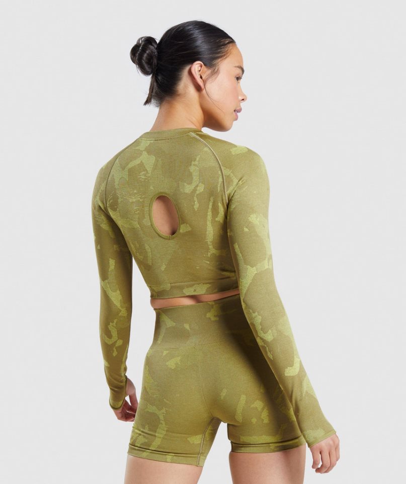 Women's Gymshark Adapt Camo Seamless Long Sleeve Cropped Tops Green | CA NA7D01